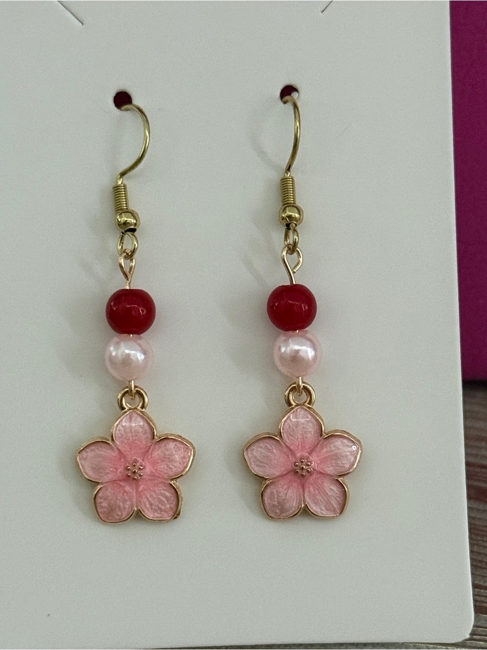 Handmade Pink Flower Drop Earrings with Red and Pearl Beads - Women Jewelry